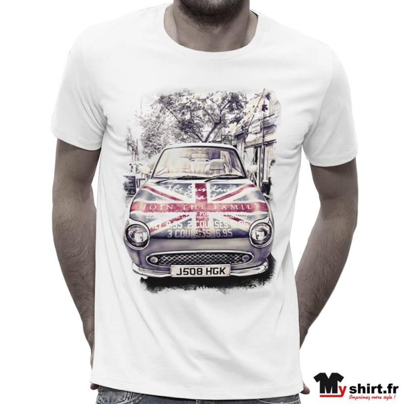 t-shirt art graphique voiture vintage et drapeau anglais